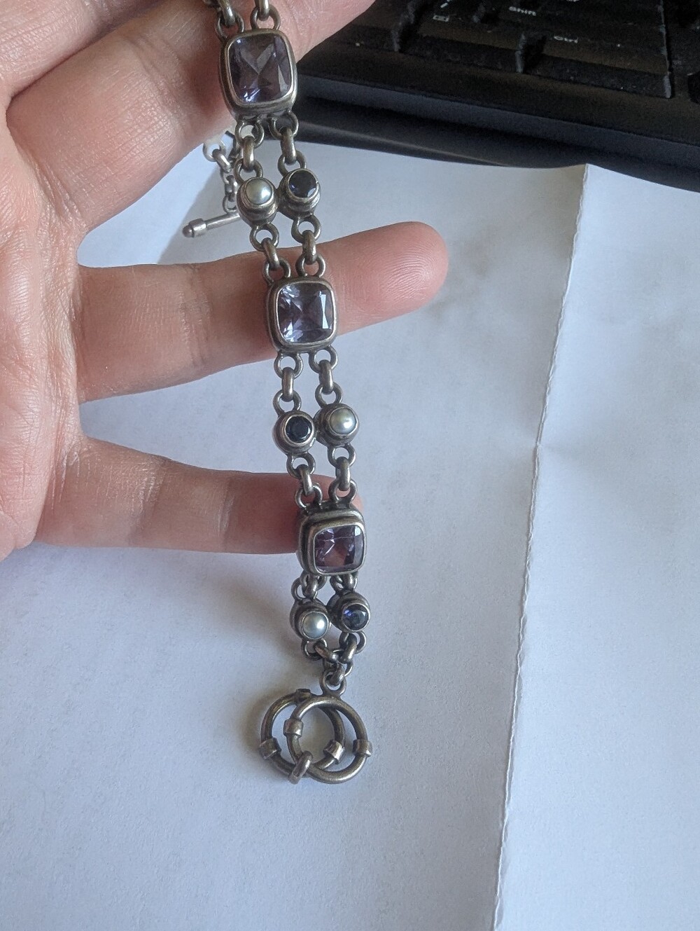 Sarda Sterling Silver Bracelet With Created Alexandrite, Iolite And Biwa Pearls